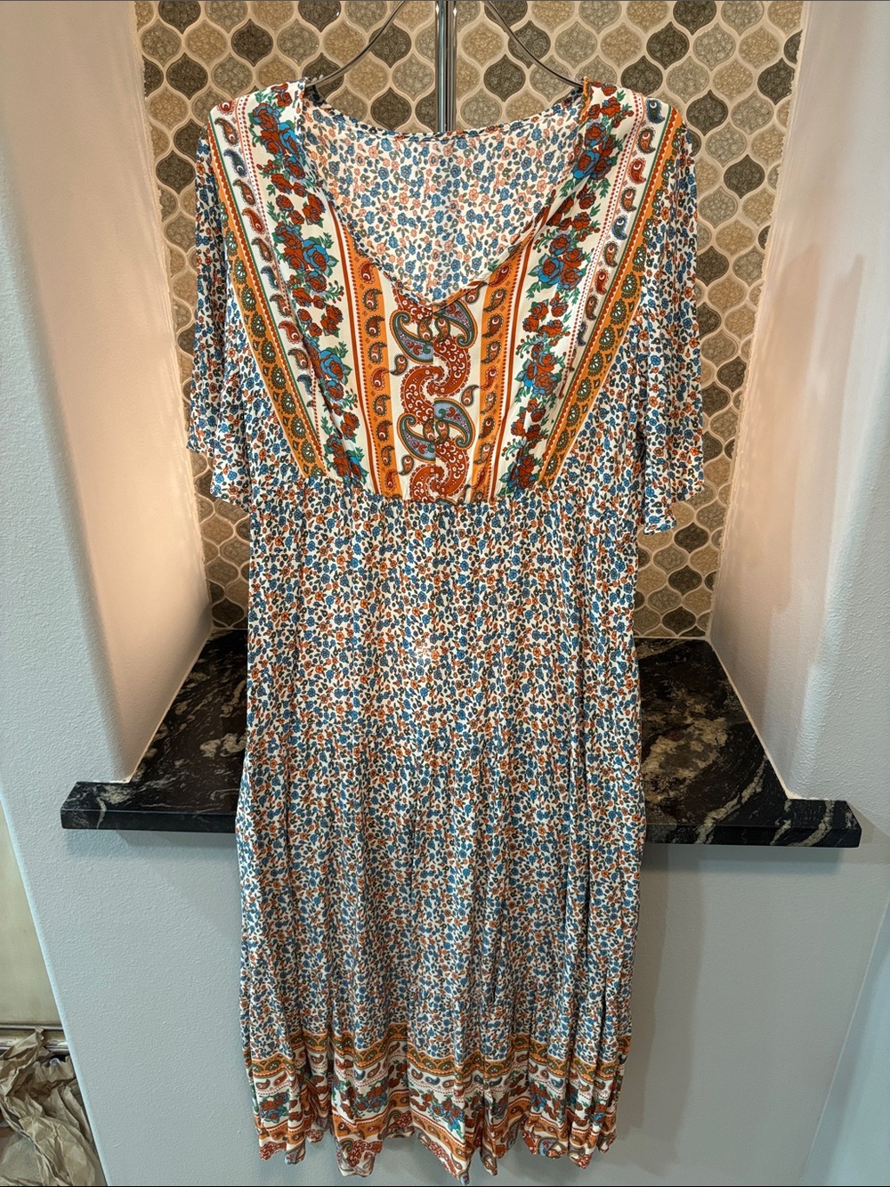 Boho Paisley Midi Dress in White and Orange - Women